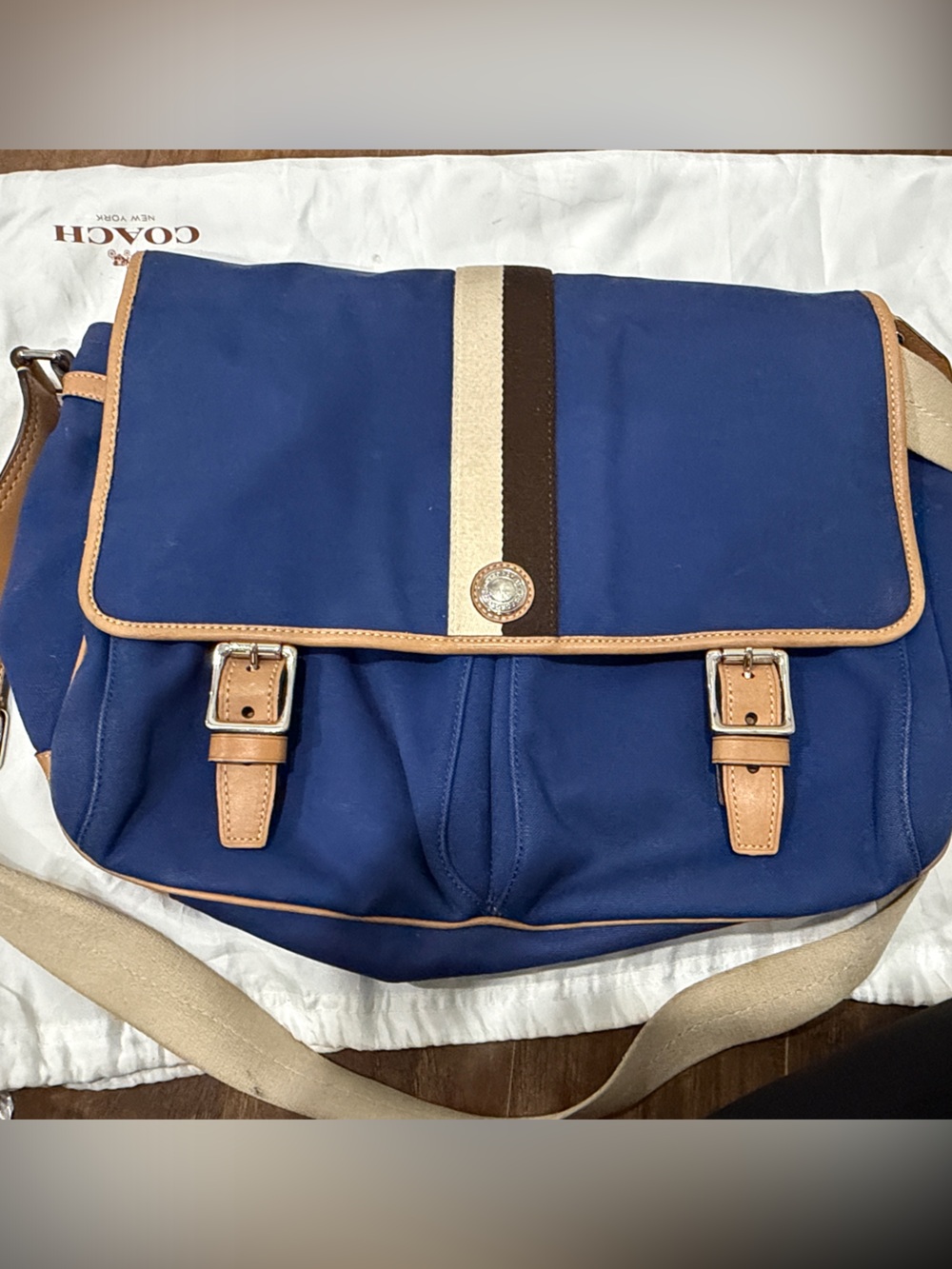 Coach Navy Canvas Messenger Bag with Tan Leather Trim
